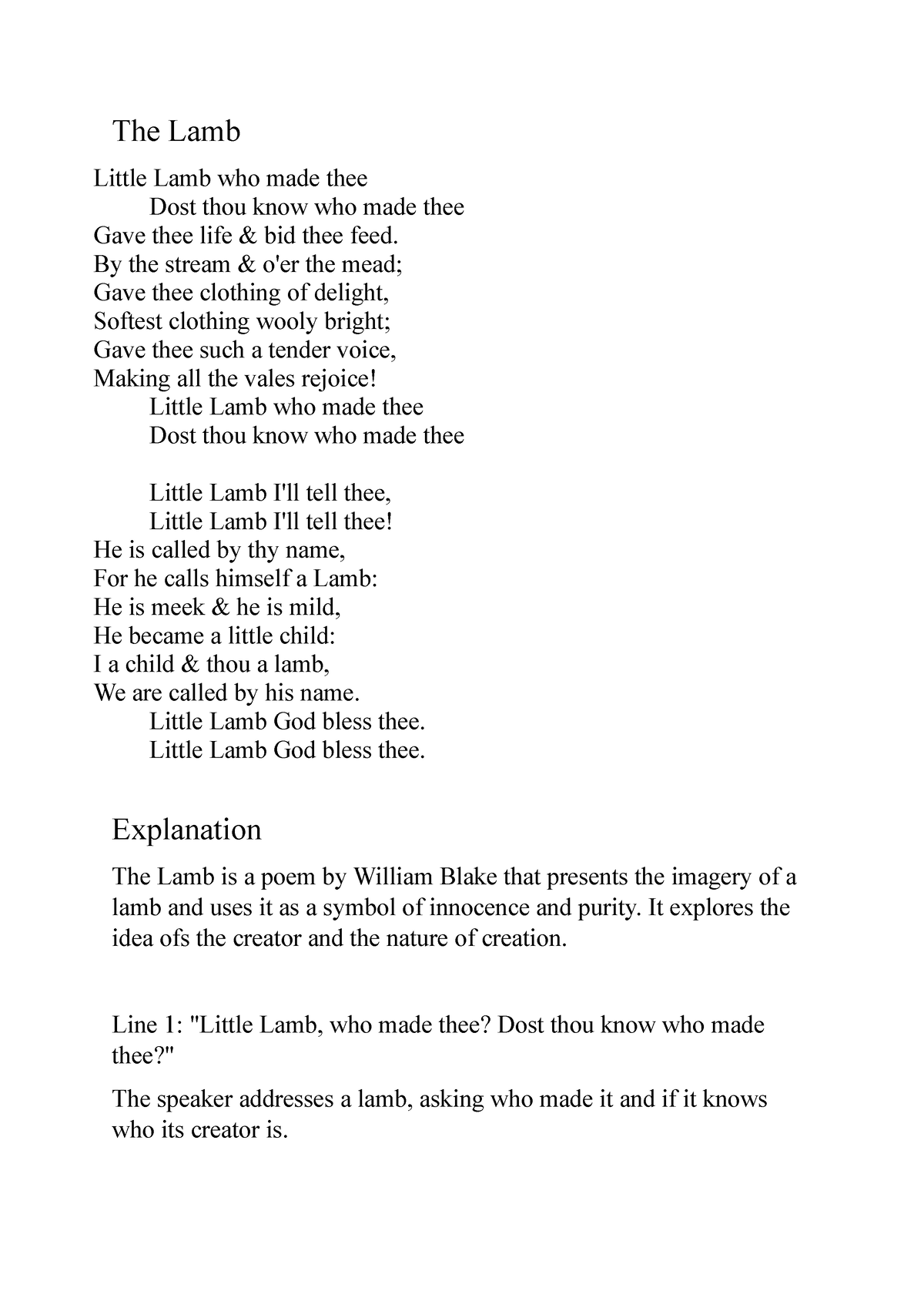 The Lamb - A Brief Explanation Of The Poem The Lamb - The Lamb Little ...