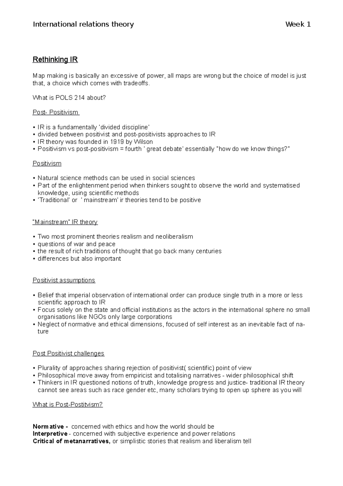 IR theory week 1 notes - International relations theory Week 1 ...