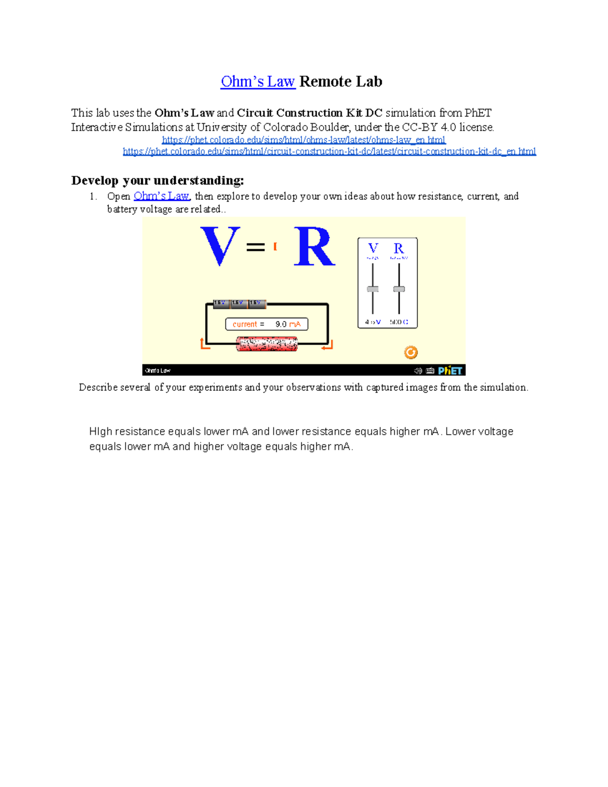 Ohms Law Online Lab - Mr. Bian - Ohm’s Law Remote Lab This Lab Uses The ...