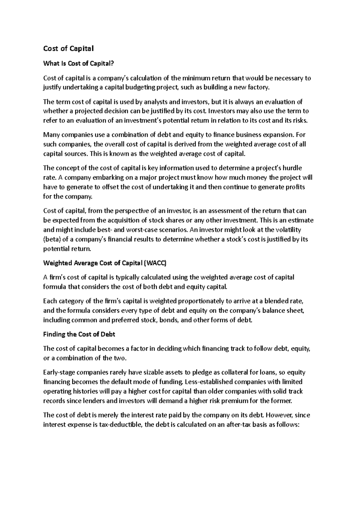 Cost of capital Cost of Capital What Is Cost of Capital? Cost of capital is a company's Studocu