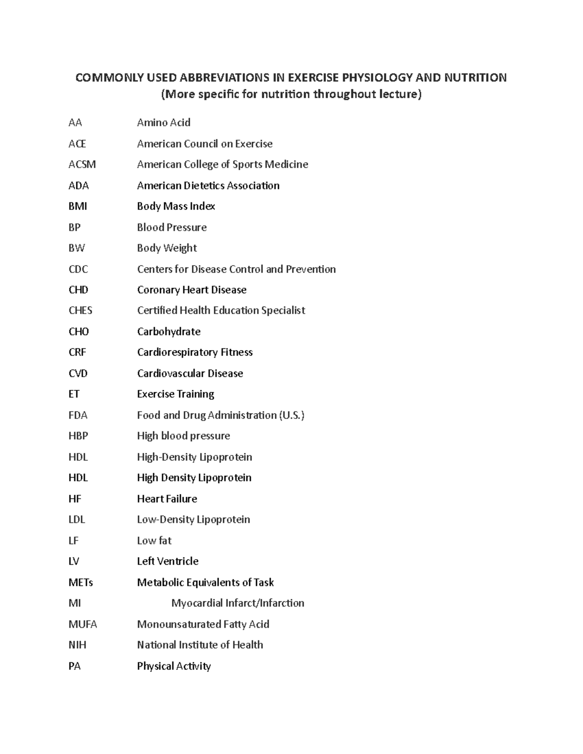 Abbreviations - COMMONLY USED ABBREVIATIONS IN EXERCISE PHYSIOLOGY AND ...