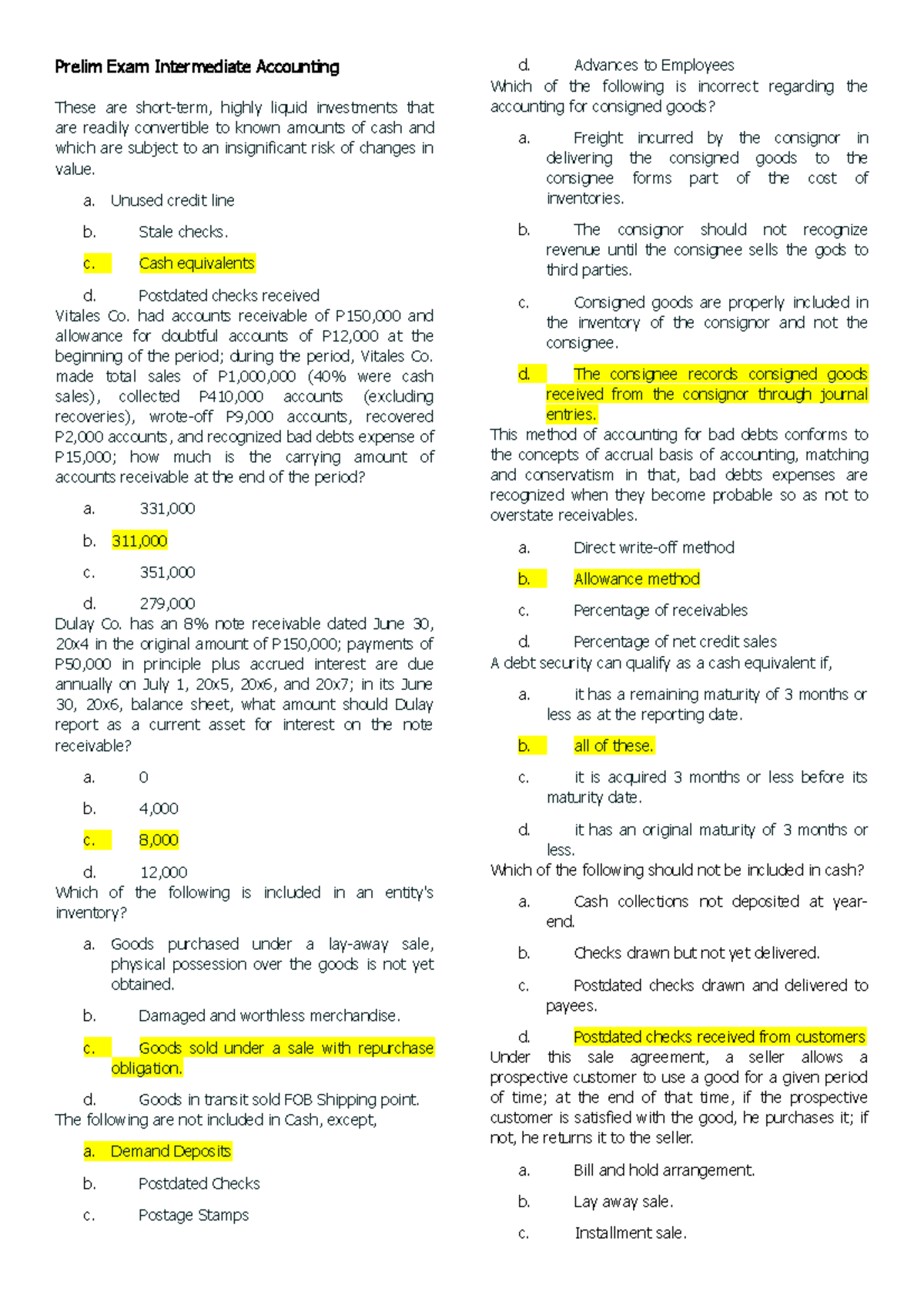 Prelim Exam Intermediate Accounting - a. Unused credit line b. Stale ...