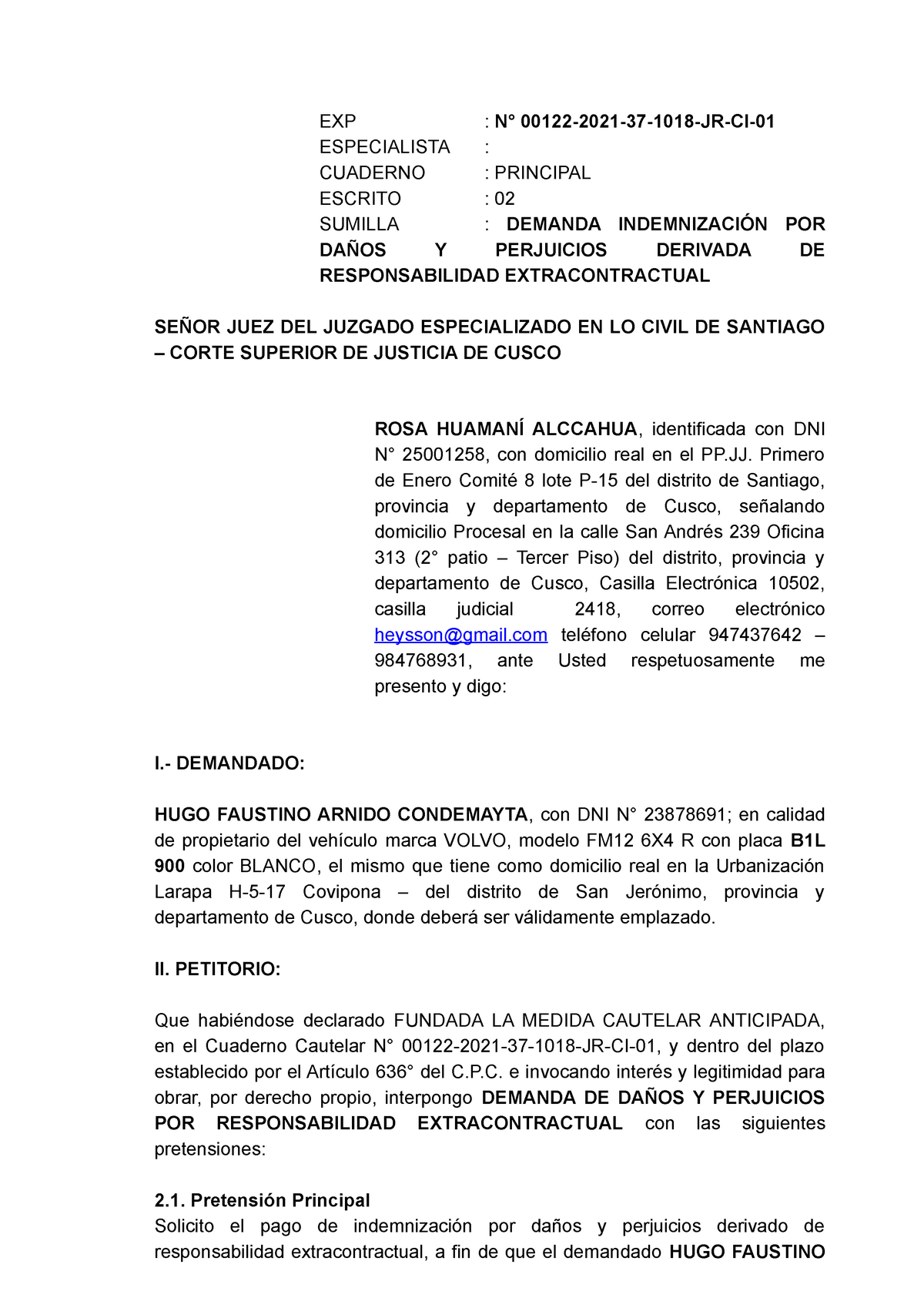 Demanda DE Daños POR Responsabilidad Extracontractual CON Medida Cautelar  ROSA Huamaní Alccahua - Studocu