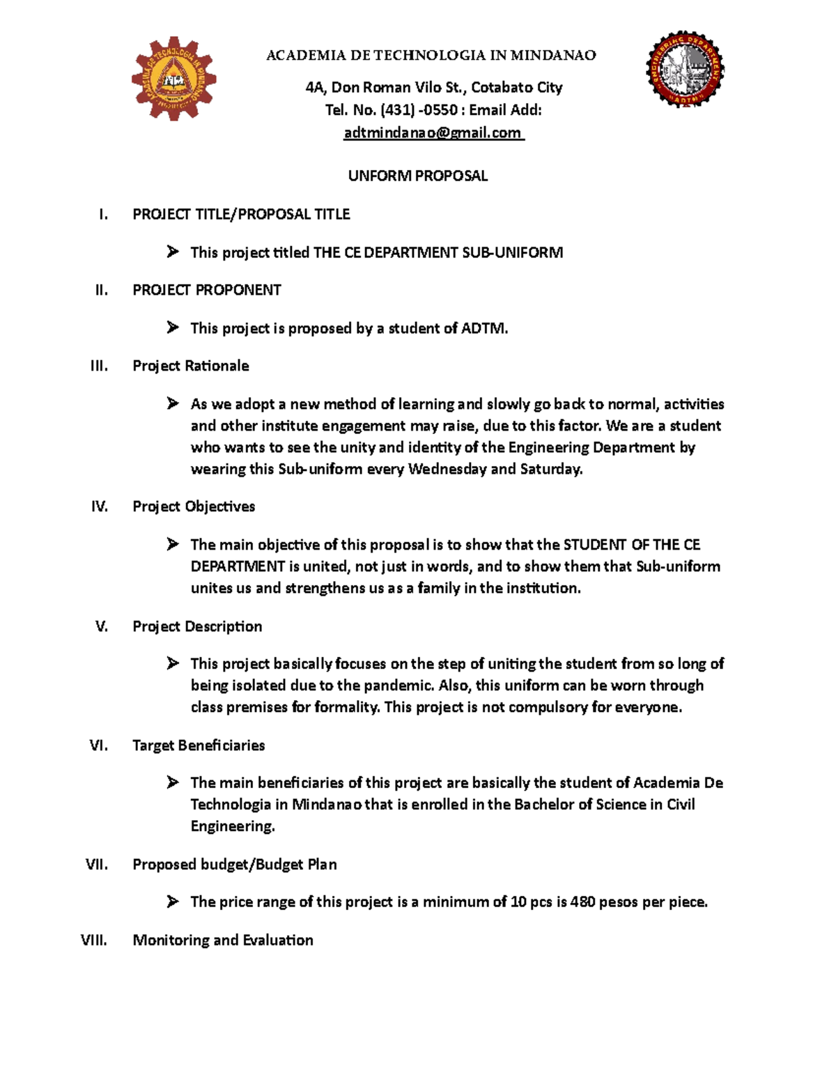 PICE Unfiorm Proposal - UNFORM PROPOSAL I. PROJECT TITLE/PROPOSAL TITLE ...