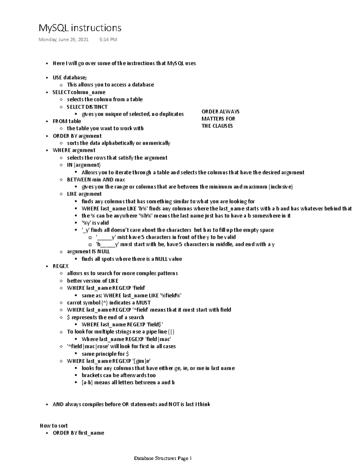 My SQL instructions - Lecture notes 16 - Here I will go over some of ...