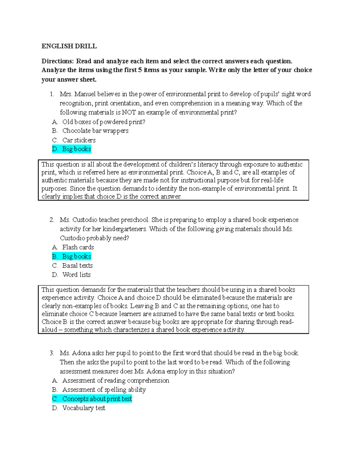 English DRIL1 ENGLISH DRILL Directions Read and analyze each item