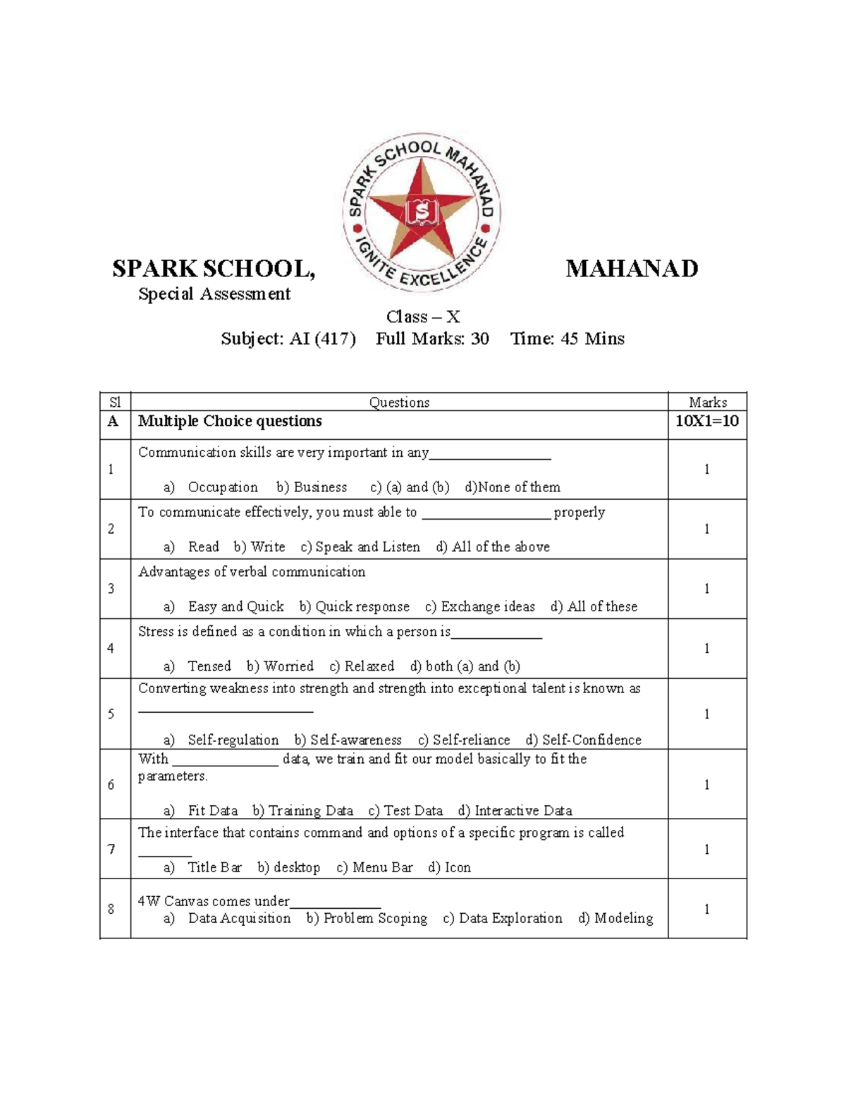 X AI - Question Paper - SPARK SCHOOL, MAHANAD Special Assessment Class ...