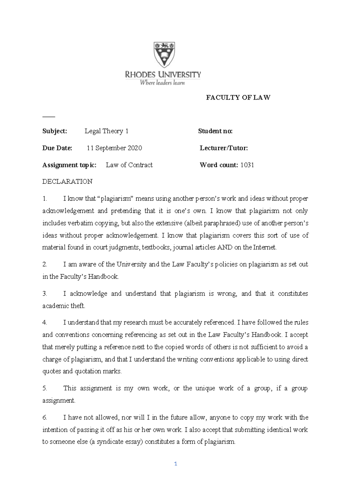 Legal theory contract assignment - FACULTY OF LAW Subject: Legal Theory ...