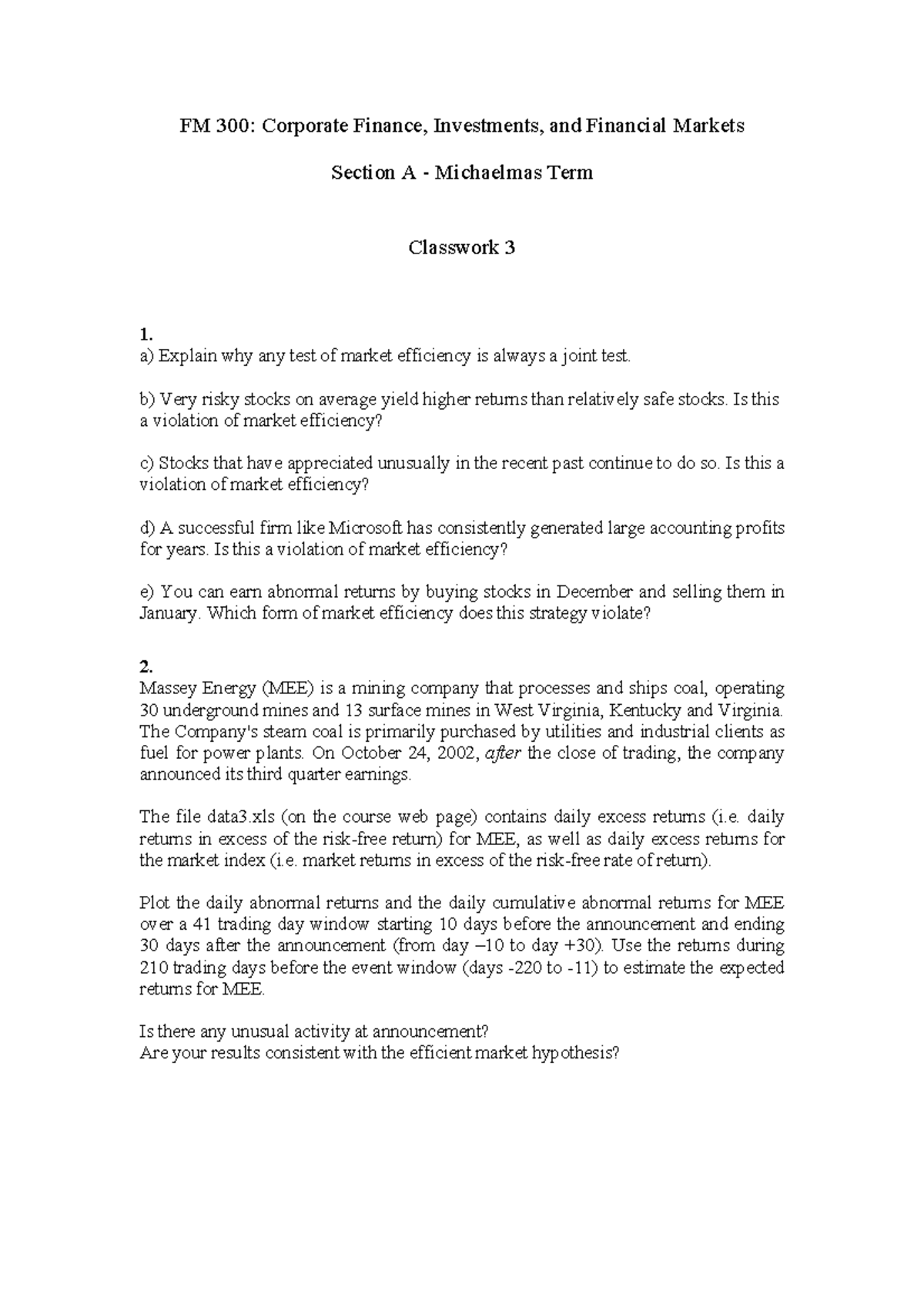 Fm300mtps3 problem set FM 300 Corporate Finance, Investments, and
