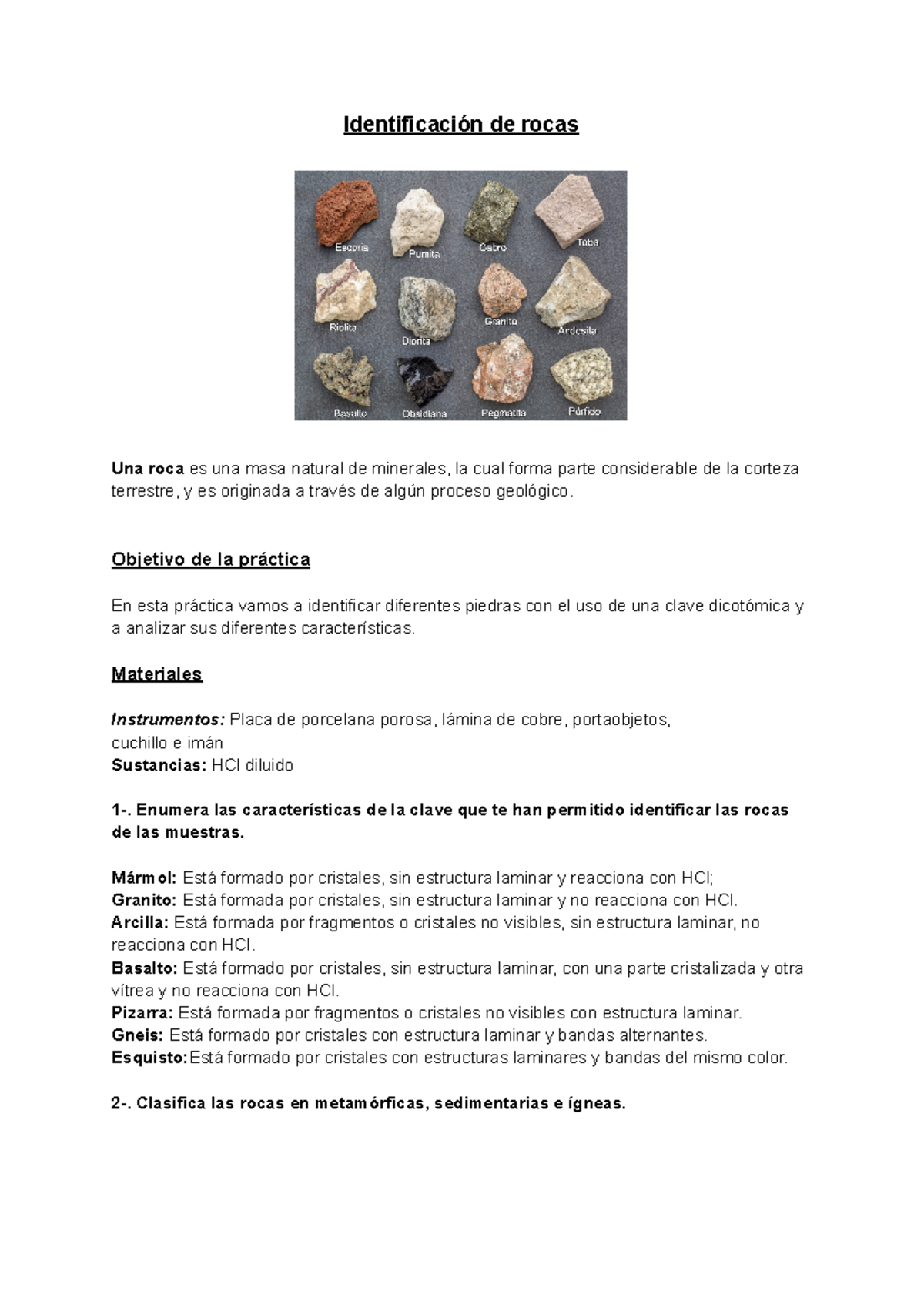 Informe identificación de rocas - Identificación de rocas Una roca es ...