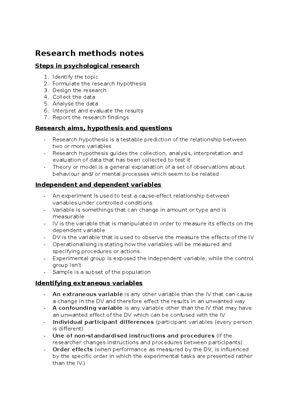 Chapter 1 research methods notes - Research methods notes Steps in ...