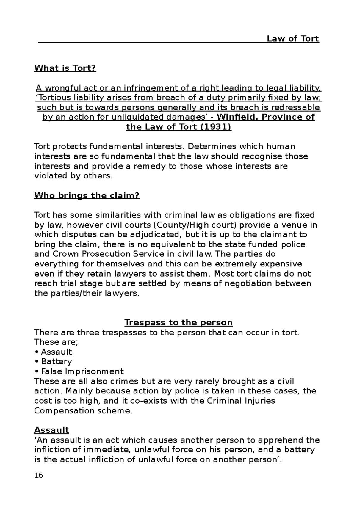 Tort of law revision essay work - Law of Tort What is Tort? A wrongful ...