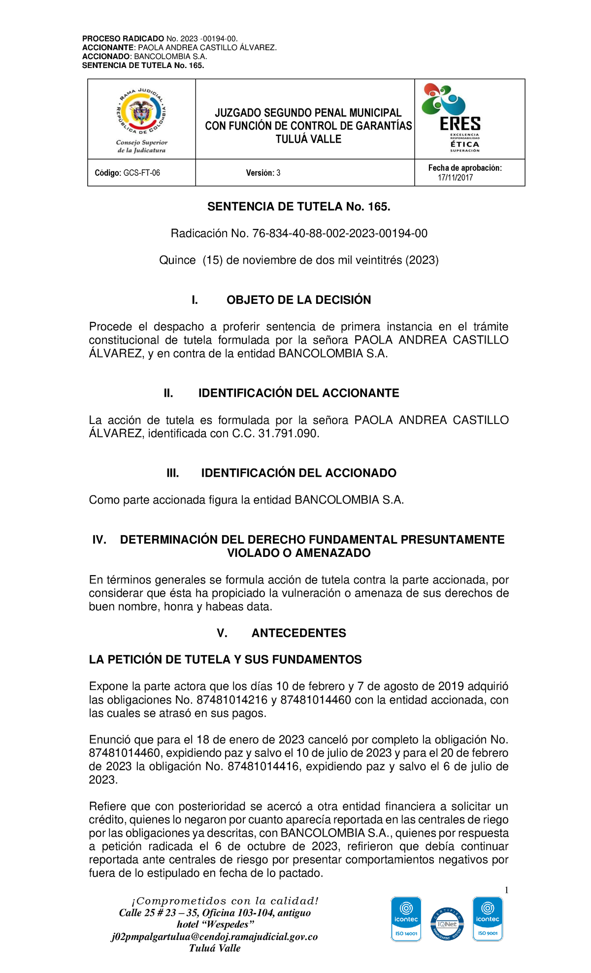 2023-00194 - Sentencia Tutela 202311 - ACCIONANTE: PAOLA ANDREA