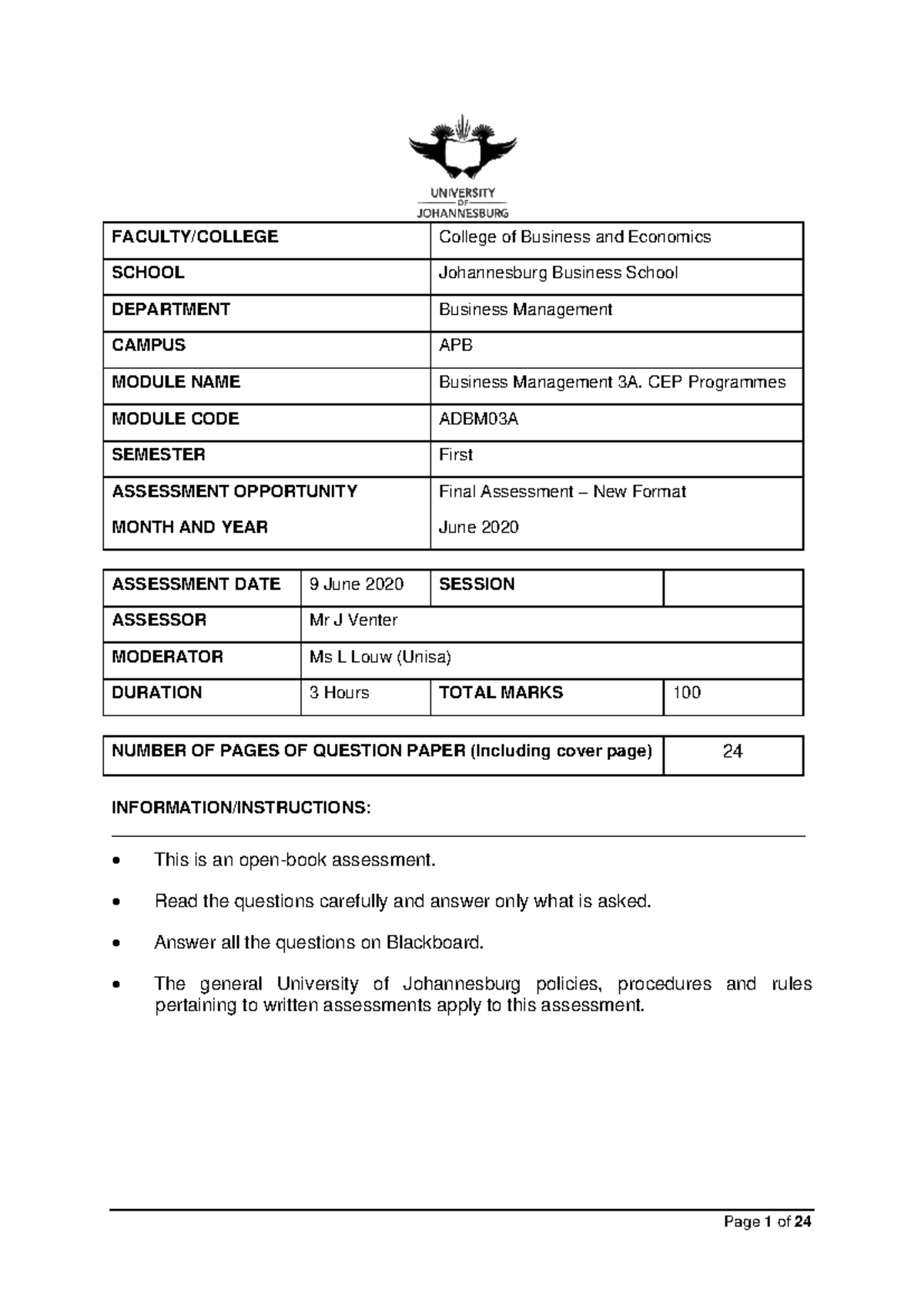 2019 November Exam - exam sample - FACULTY/COLLEGE College of Business ...