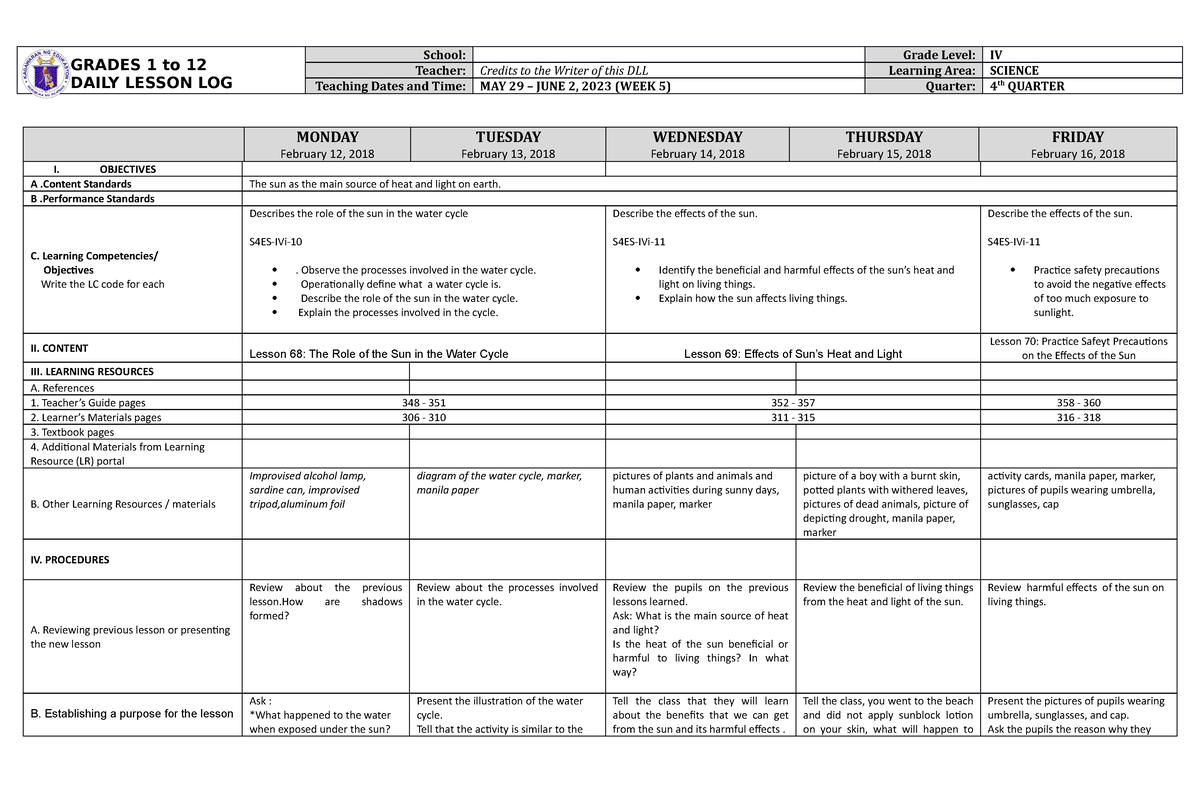 DLL Science 4 Q4 W5 - DLL SCI 4 Q4 W5 - GRADES 1 to 12 DAILY LESSON LOG ...