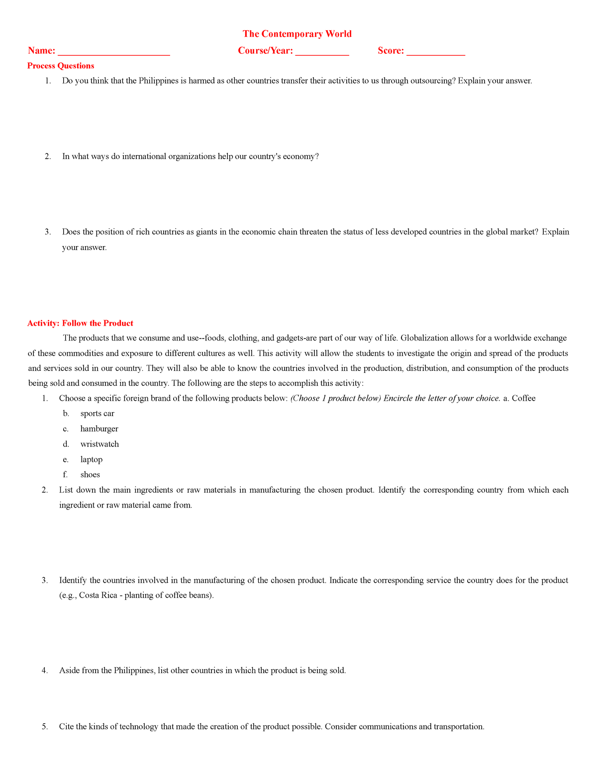 Answer-sheet-Midterm - The Contemporary World Name ...