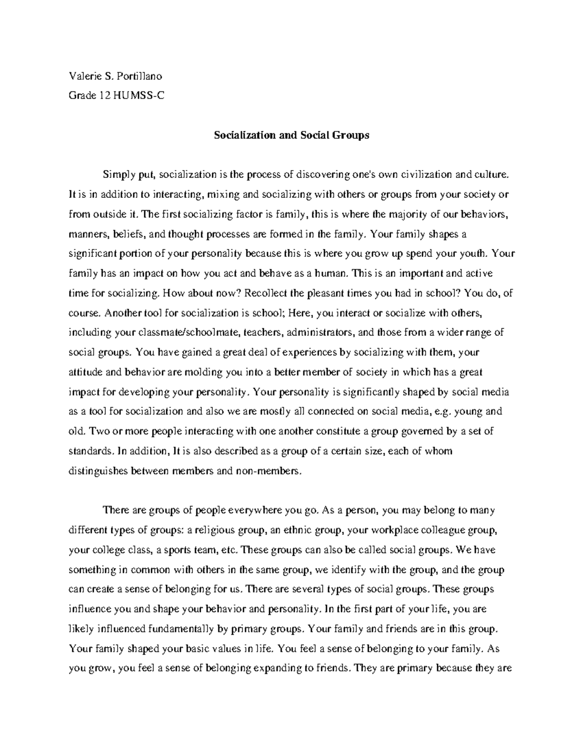 Summary UCSP - Valerie S. Portillano Grade 12 HUMSS-C Socialization and ...