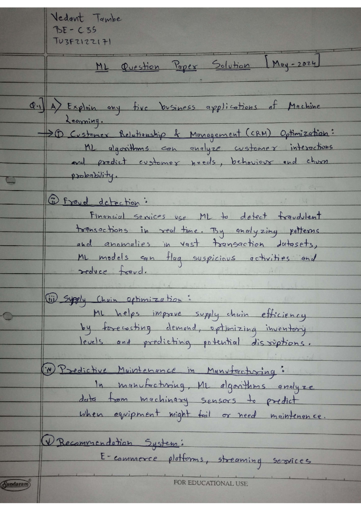 C35 ML PYQ Ans - Answers to ML 2020 PYQ questions - Vedant Tambe BE C ...