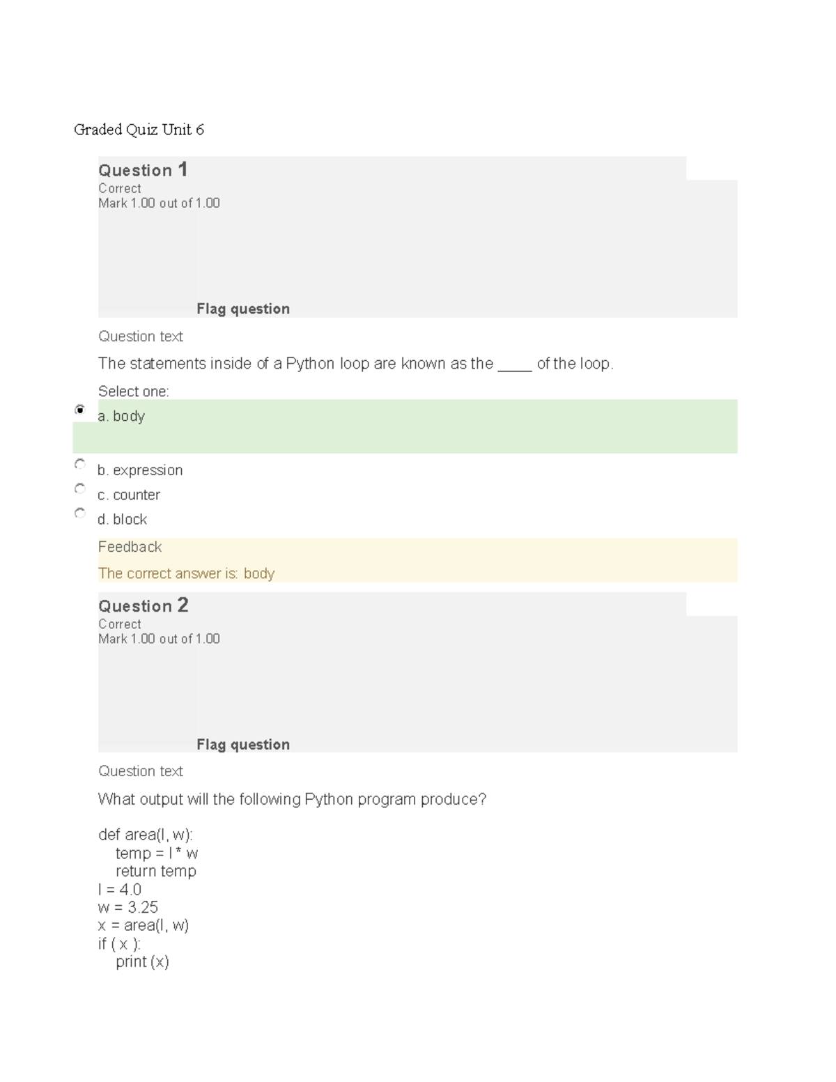 Cs 1101 graded quiz unit 6 graded quiz unit 6 question 1 correct mark