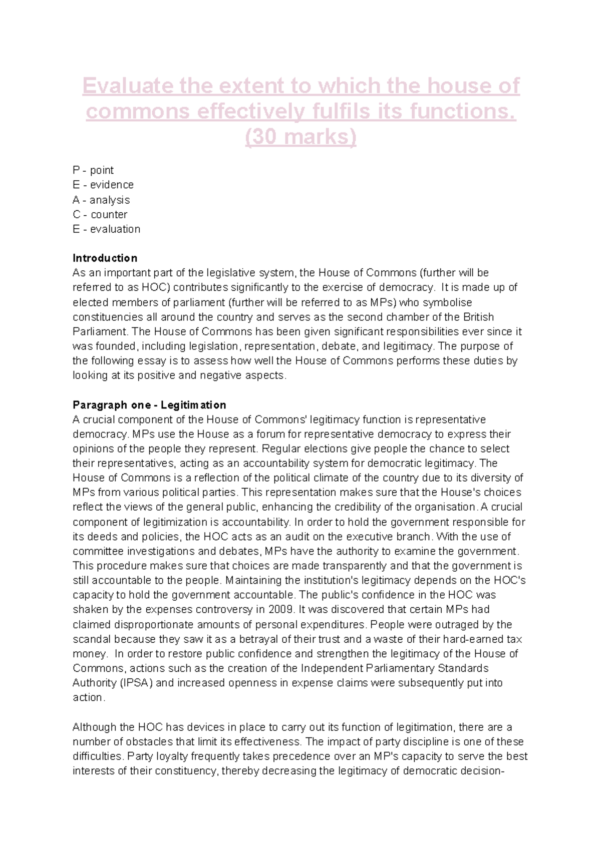 Evaluate The Extent To Which The House Of Commons Effectively Fulfils Its Functions 30 Marks