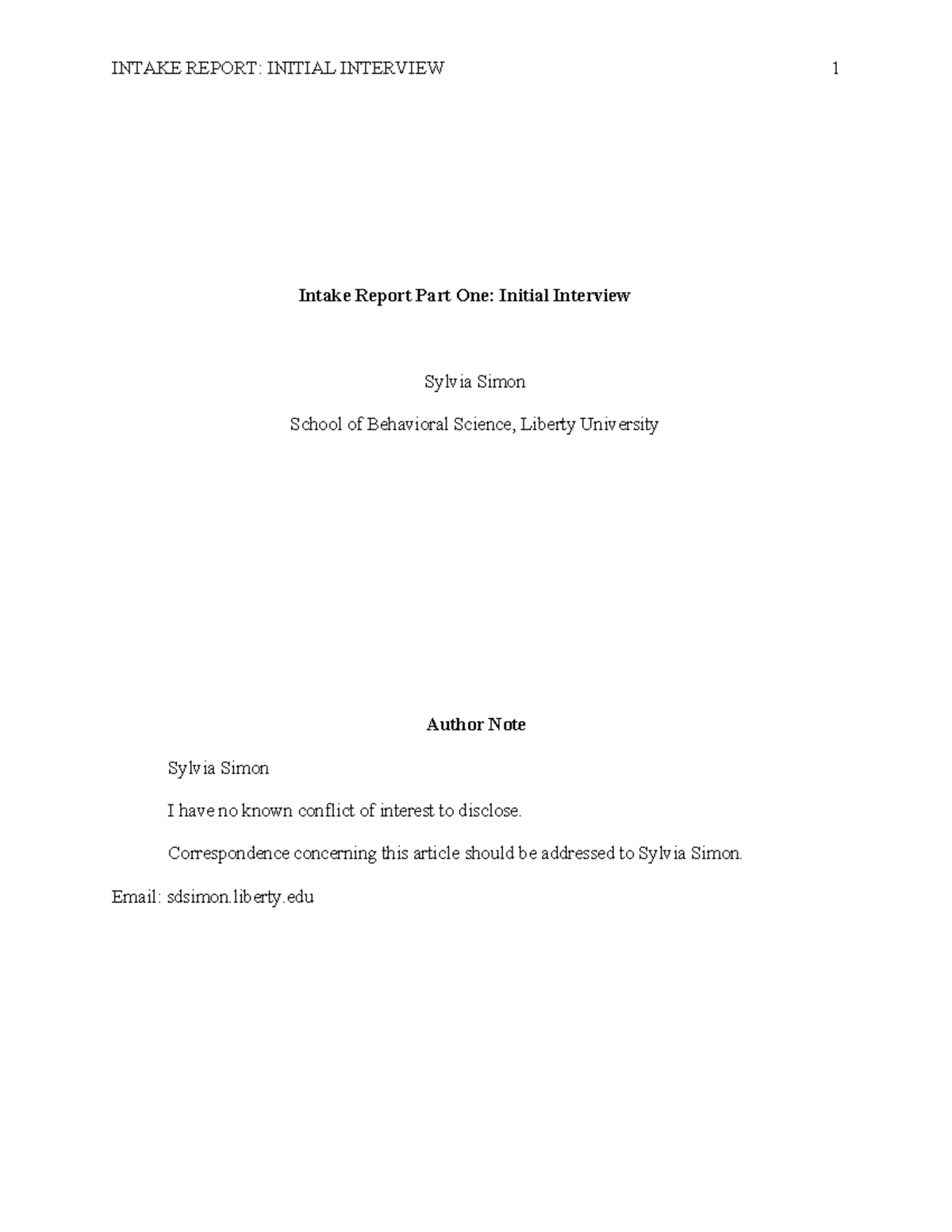 Sylvia Simon Intake Report PART ONE Initial Interview PART TWO MSE ...