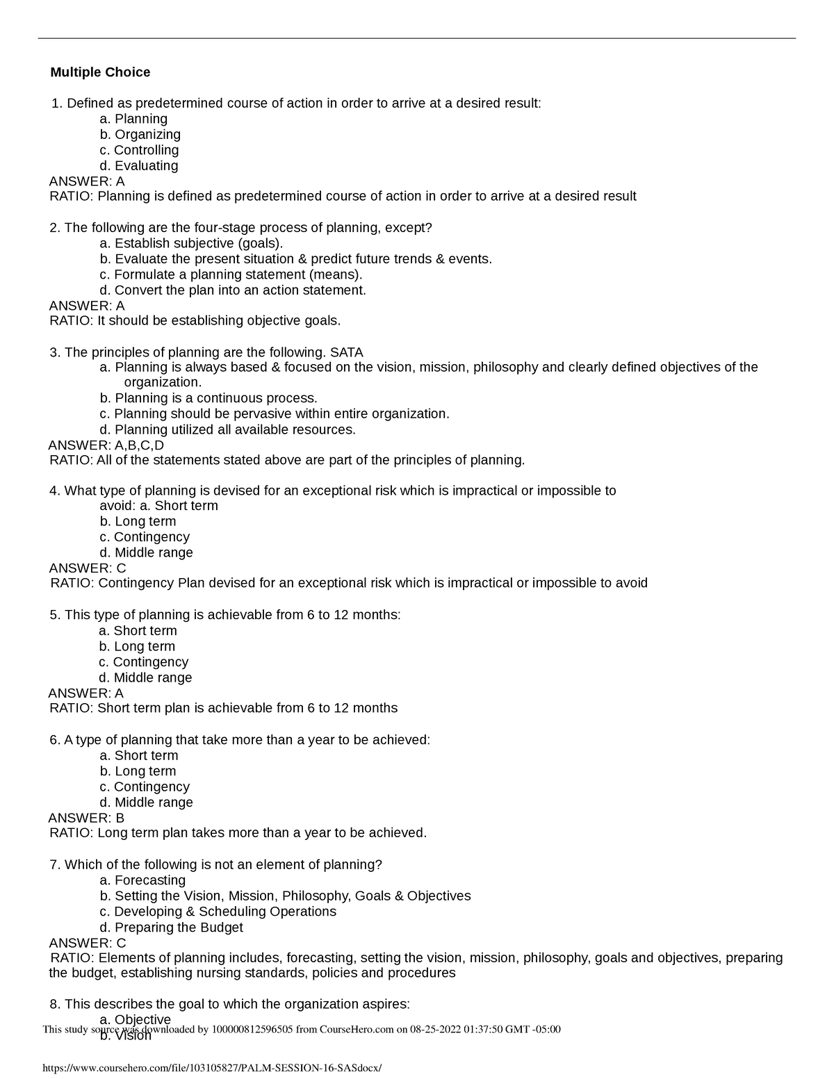 PALM Session 16 SAS - KEY ANSWER - Multiple Choice Defined as ...