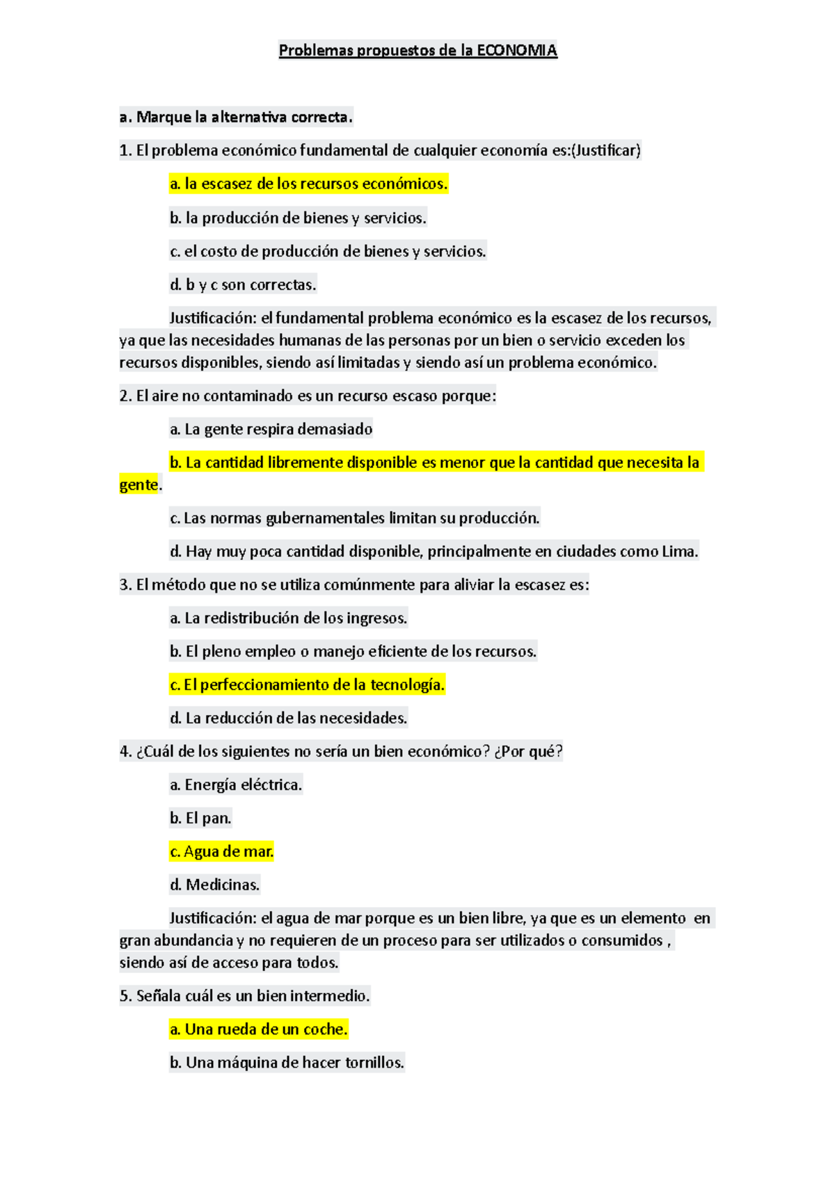 Custionario De Preguntas Tema Economia Problemas Propuestos De La Economia A Marque La