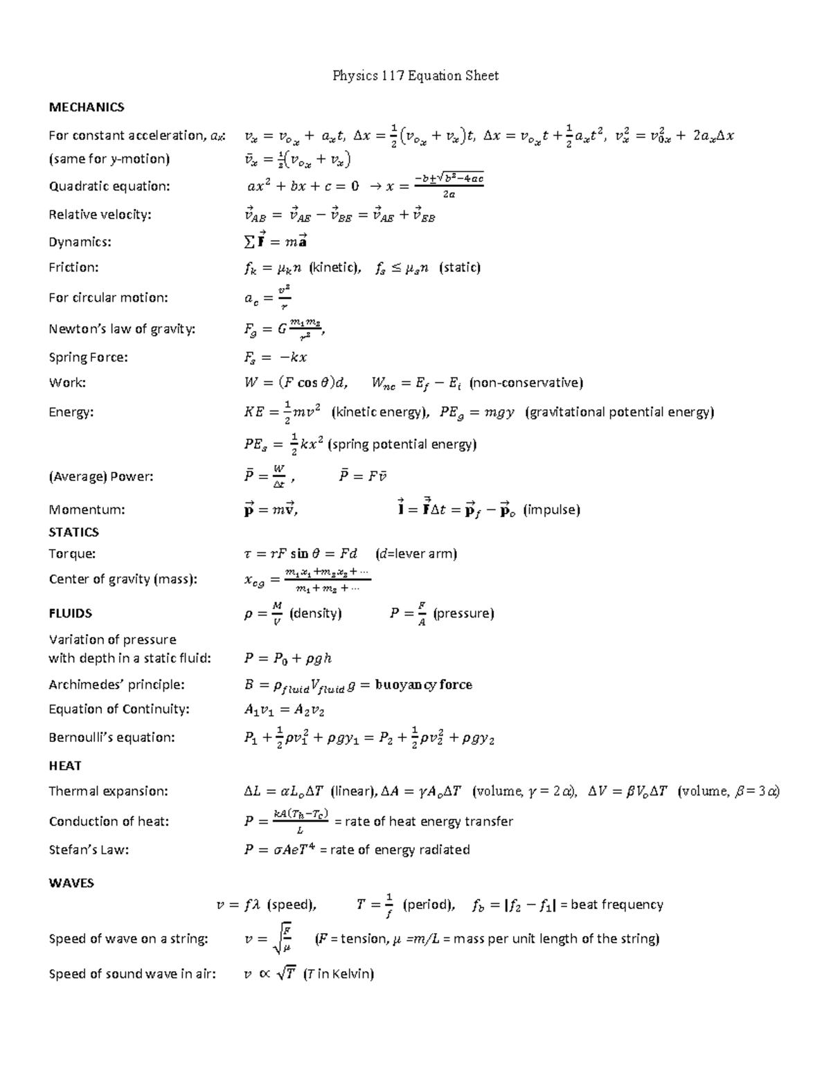 PHYS117 equation sheet 2021 - Physics 11 7 Equation Sheet MECHANICS For ...