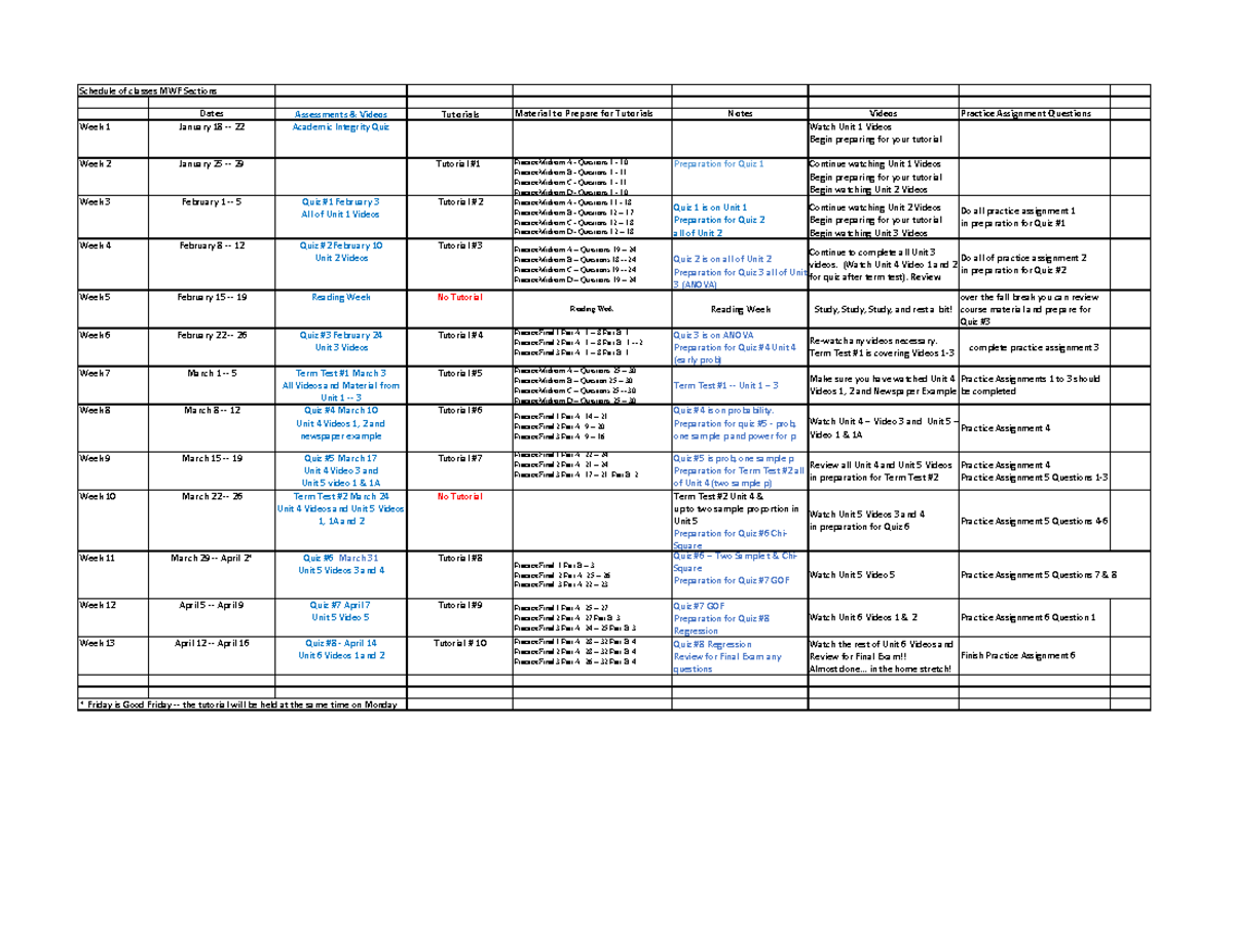 STAT 2000 SCHEDULE MWF ( WINTER 2021 ) - Schedule of classes MWF ...