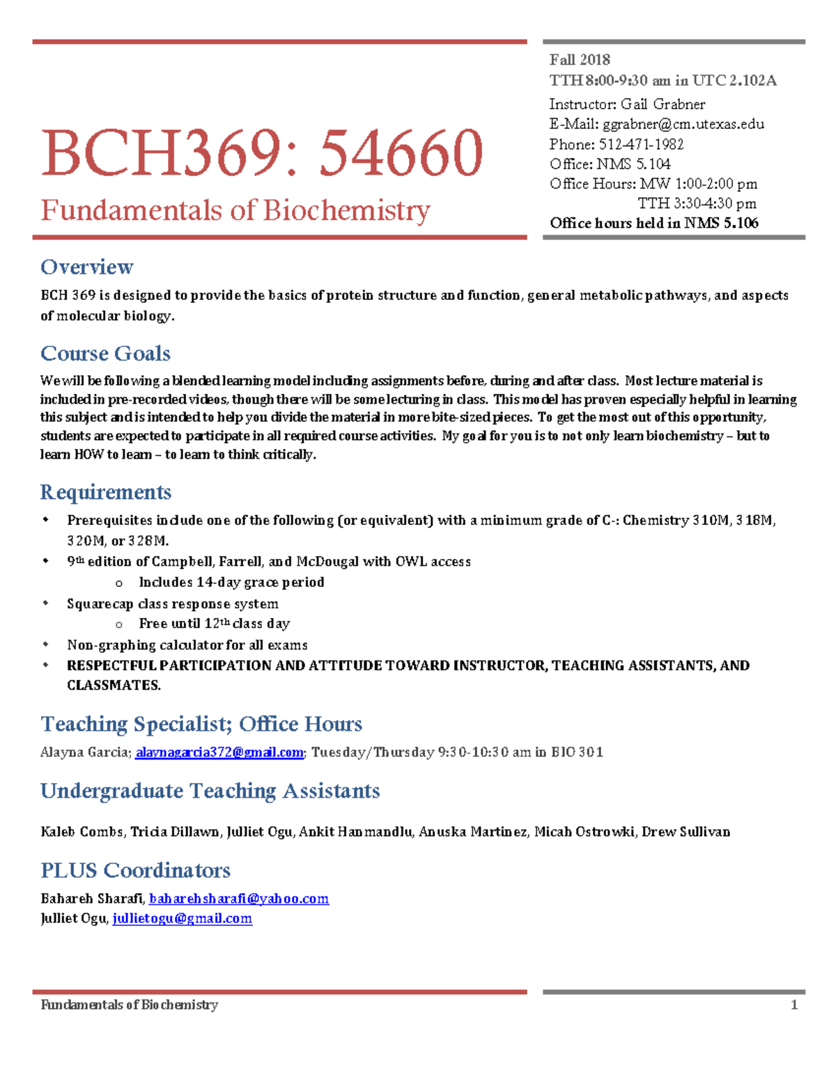 Bch369 Syllabus 54660 F18 Bch 369f University Of Texas Studocu