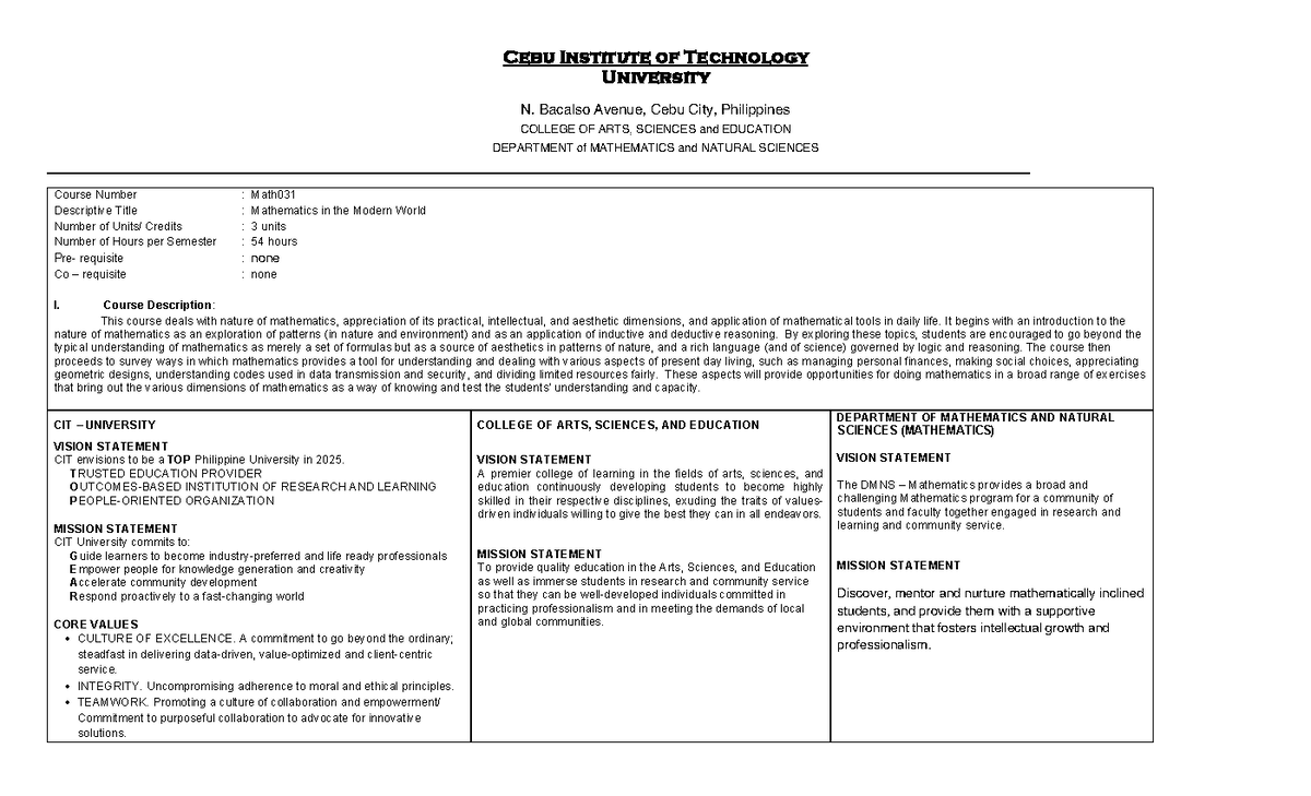 MATH031 2023- Course Guide - Cebu Institute of Technology University N ...