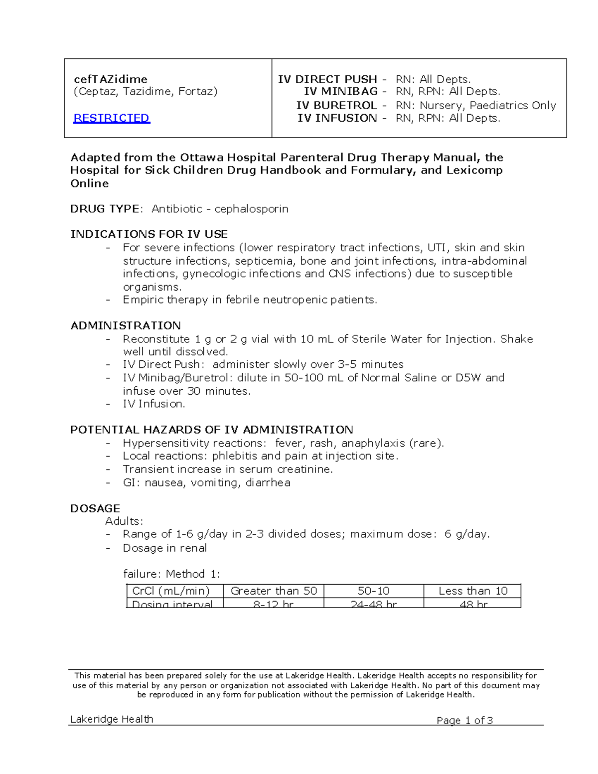 Ceftazidime - Monograph - Lakeridge Health Page 1 of 3 cefTAZidime IV ...
