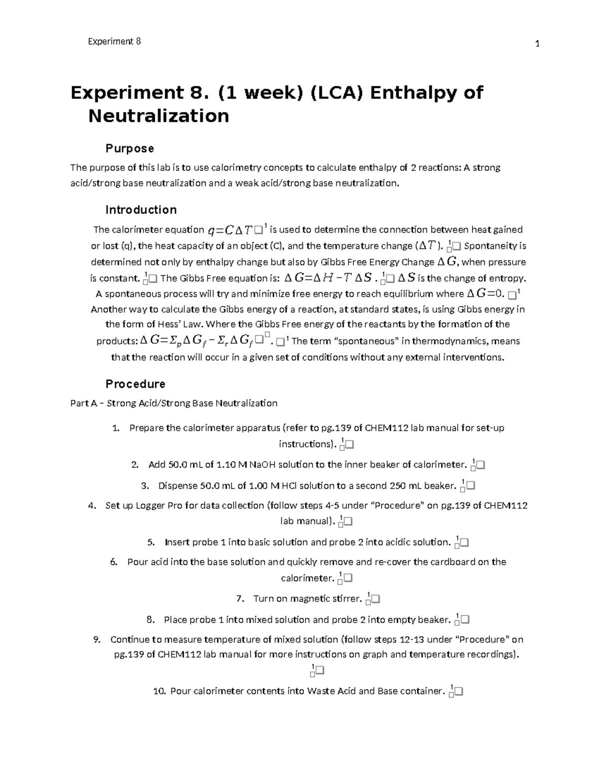 Enthalpy of Neutralization Lab Report Experiment 8. (1 week) (LCA