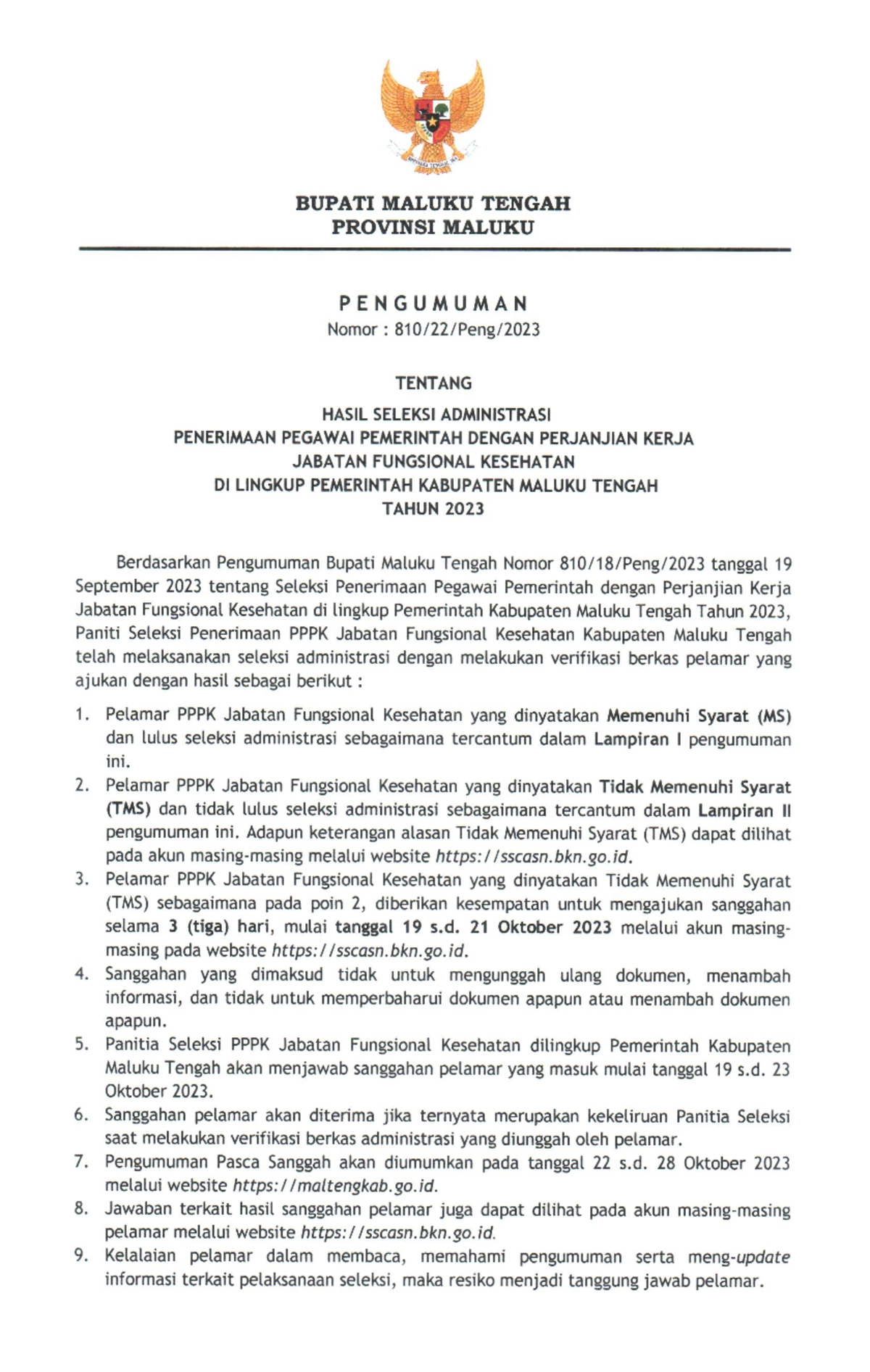 Pengumuman Hasil Seleksi Administrasi PPPK Kesehatan Tahun 2023 ...