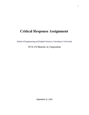 Critical response 2 - 55/100 - Critical response assignment School of ...