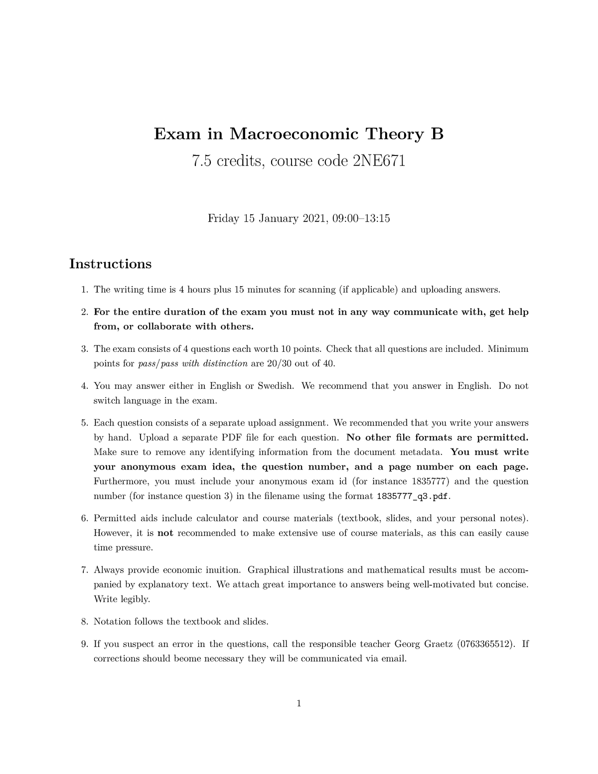 Makro B Exam - Exam In Macroeconomic Theory B 7 Credits, Course Code ...