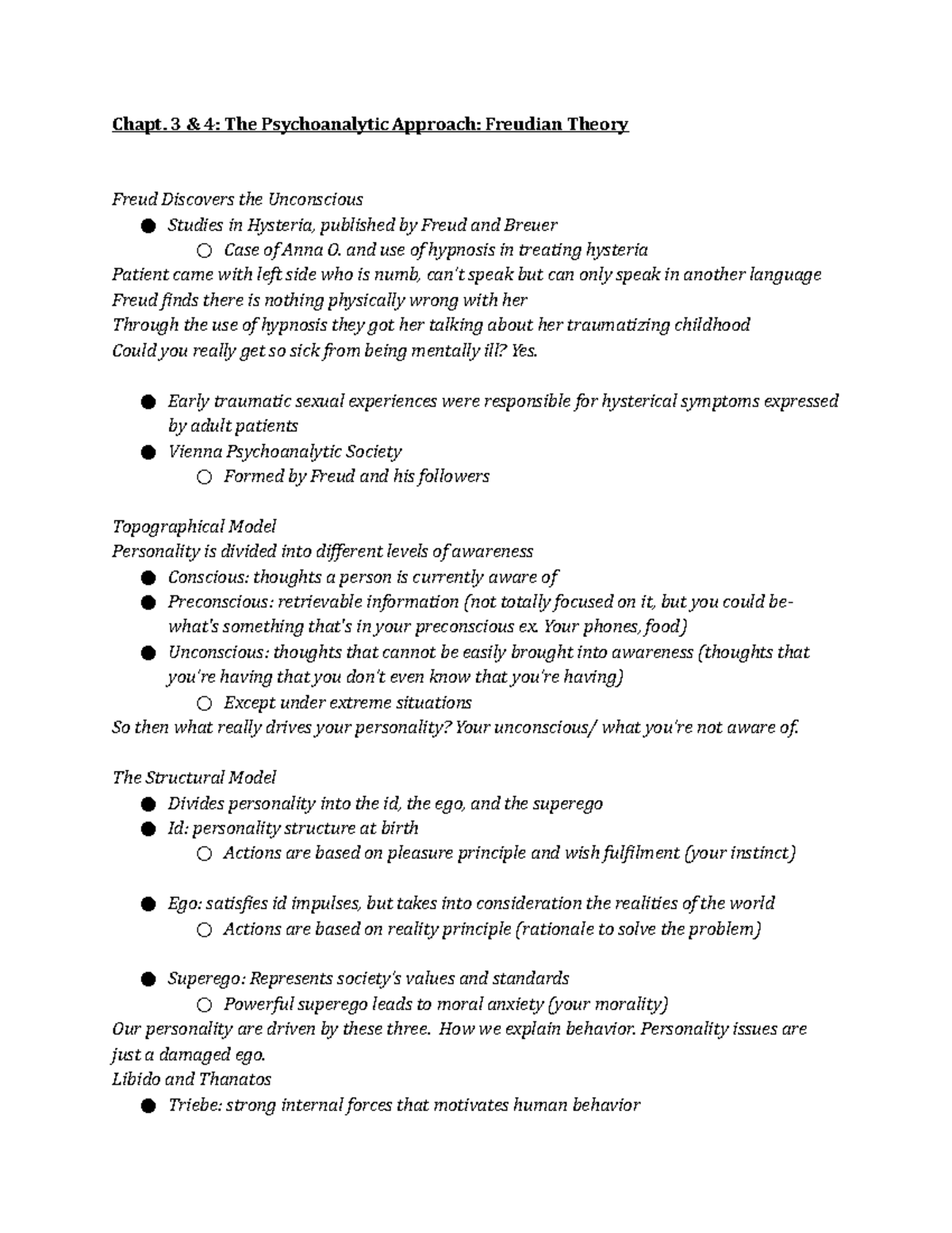 Chapter 3 & 4 - Lecture notes 3-4 - Chapt. 3 & 4: The Psychoanalytic ...