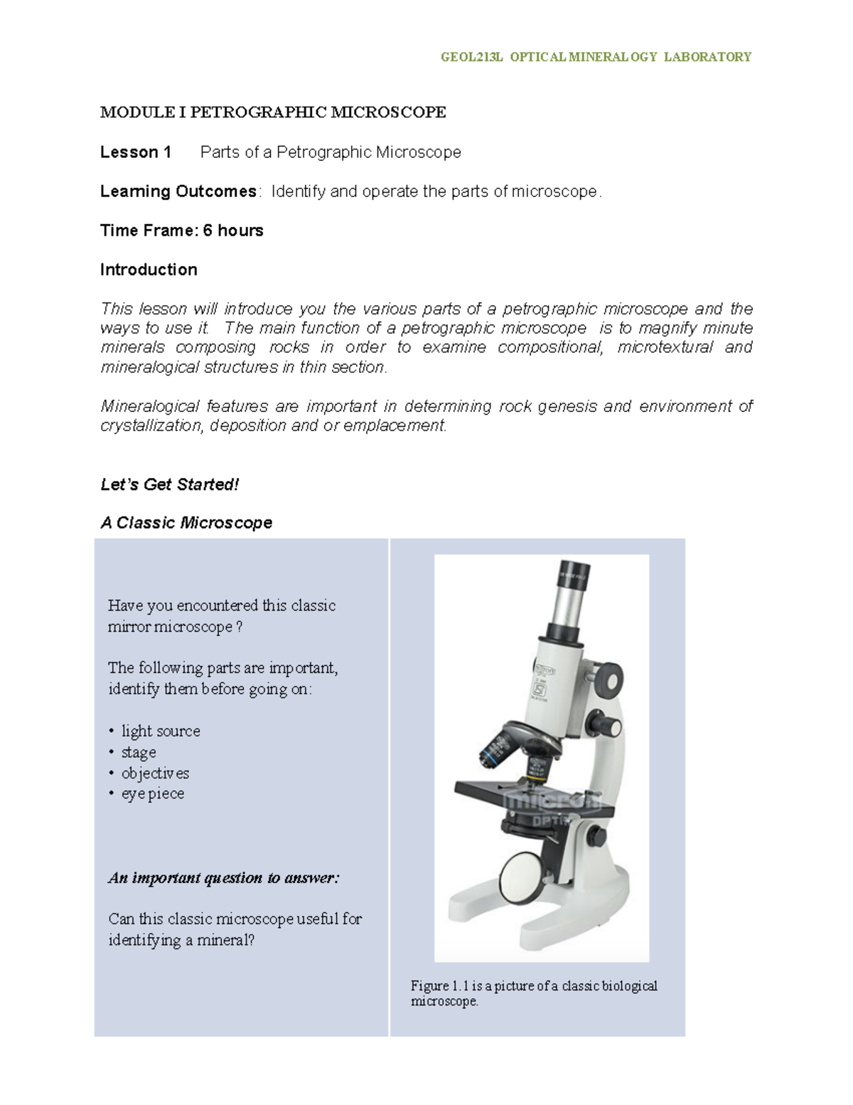 GEOL 121L M4L8 Petrographic Microscope MODULE I PETROGRAPHIC