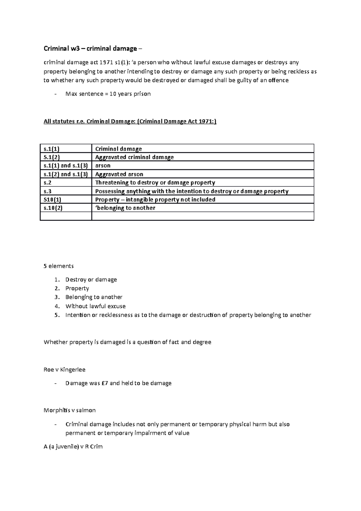 Criminal w3 - Lecture notes 3 - Criminal w3 – criminal damage ...