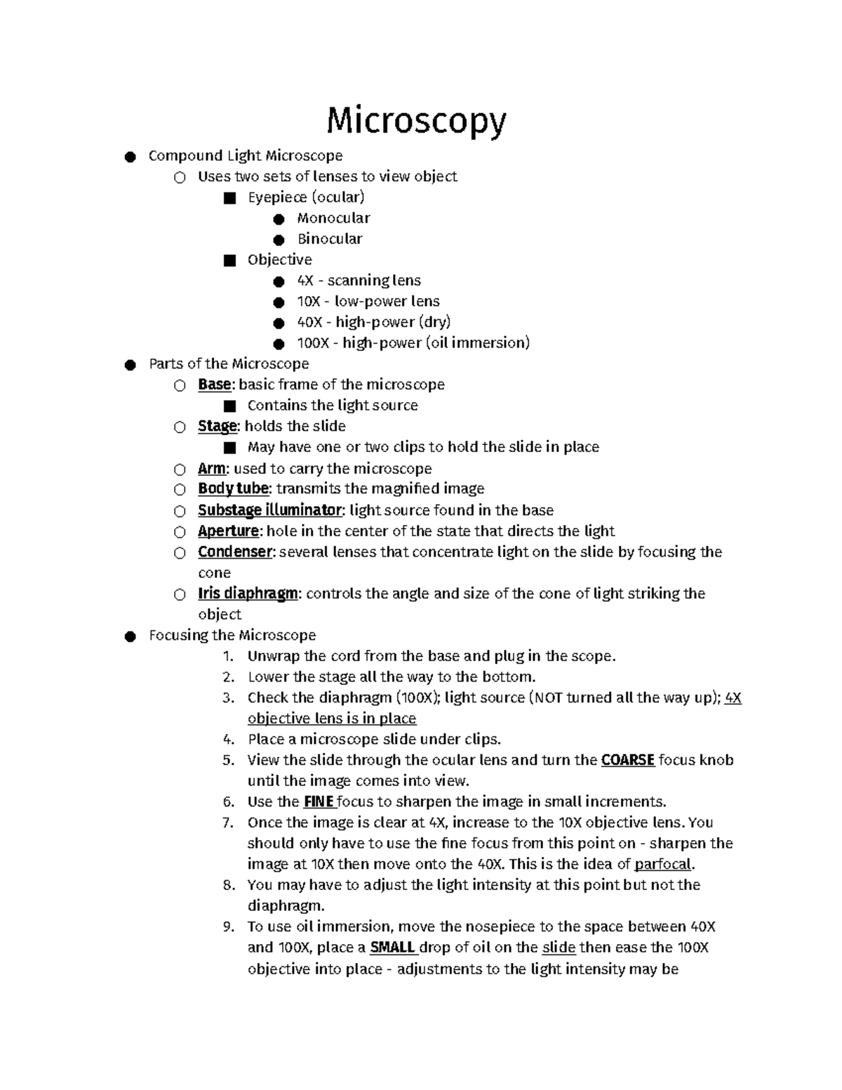 Microscopy Lab notes about microscopes. Microscopy Compound Light