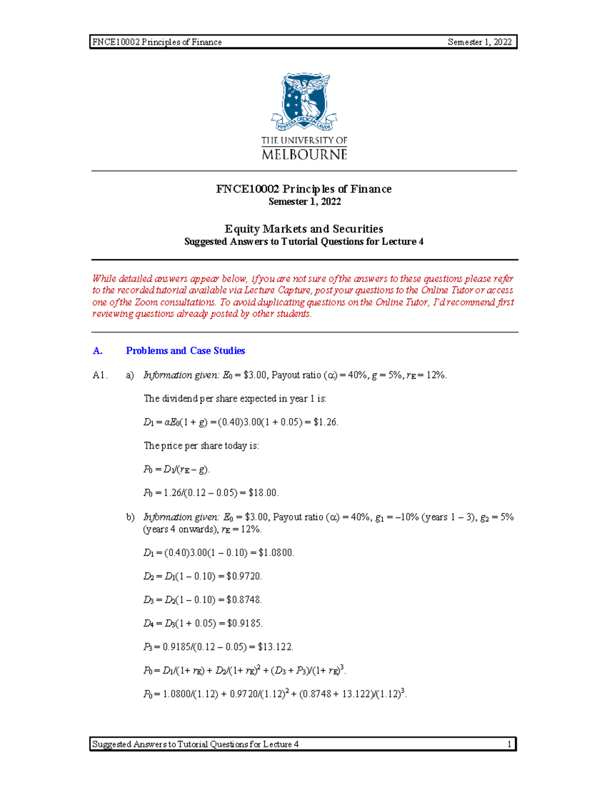 Tutorial 04 - Equity Val - Ans - FNCE10002 Principles of Finance ...