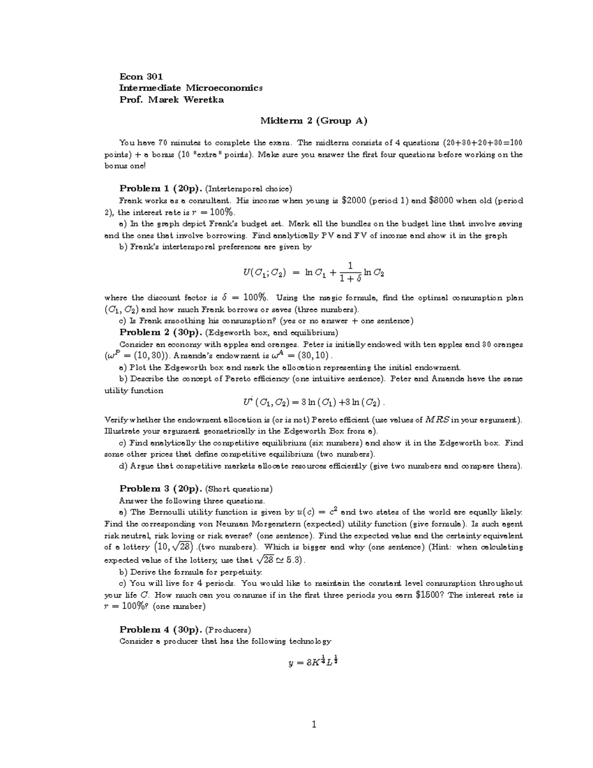 Sample/practice exam 2012, questions and answers - Midterm 2 - Econ 301 ...