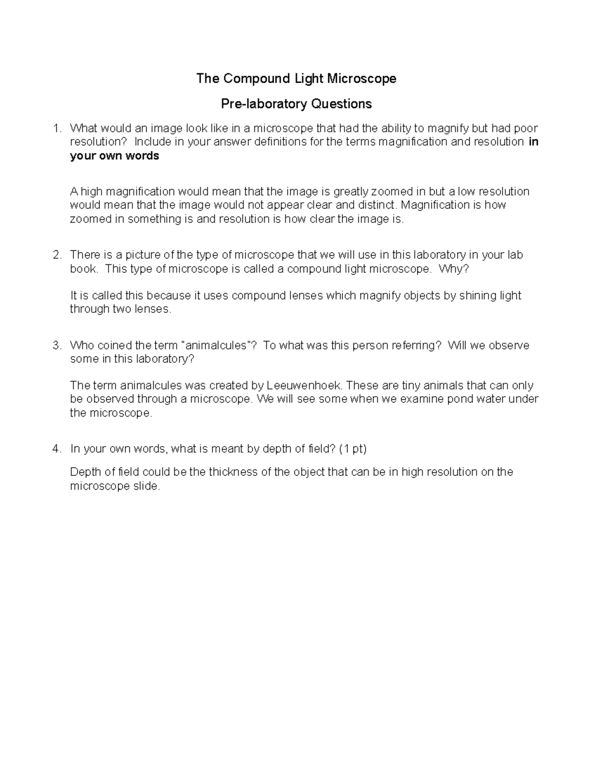 Microscope Pre - The Compound Light Microscope Pre-laboratory Questions ...