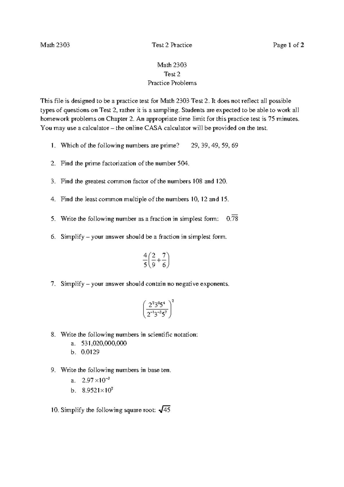 2303 Test2 Practice 256 - Math 2303 Test 2 Practice Page 1 of 2 Math ...