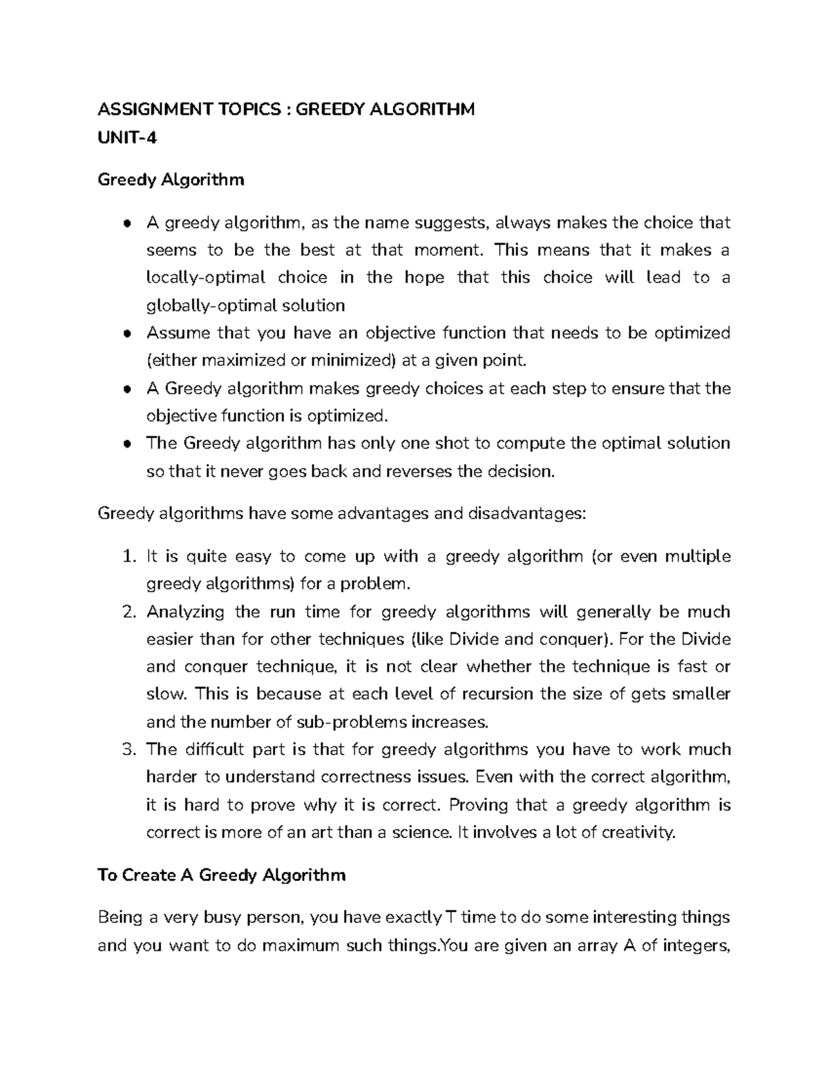 Assignment 4 & 5 ds - ds notes - ASSIGNMENT TOPICS : GREEDY ALGORITHM ...