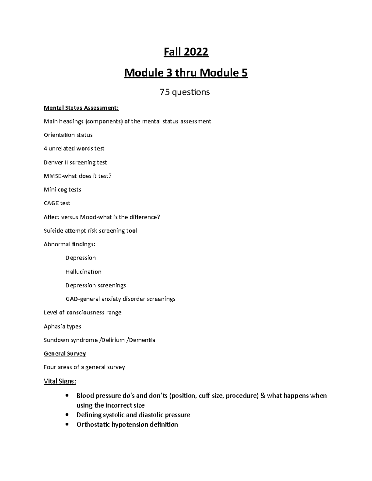 NUR2092 Health Assessment Exam 2 Concept Guide Fall 2022 Fall 2022