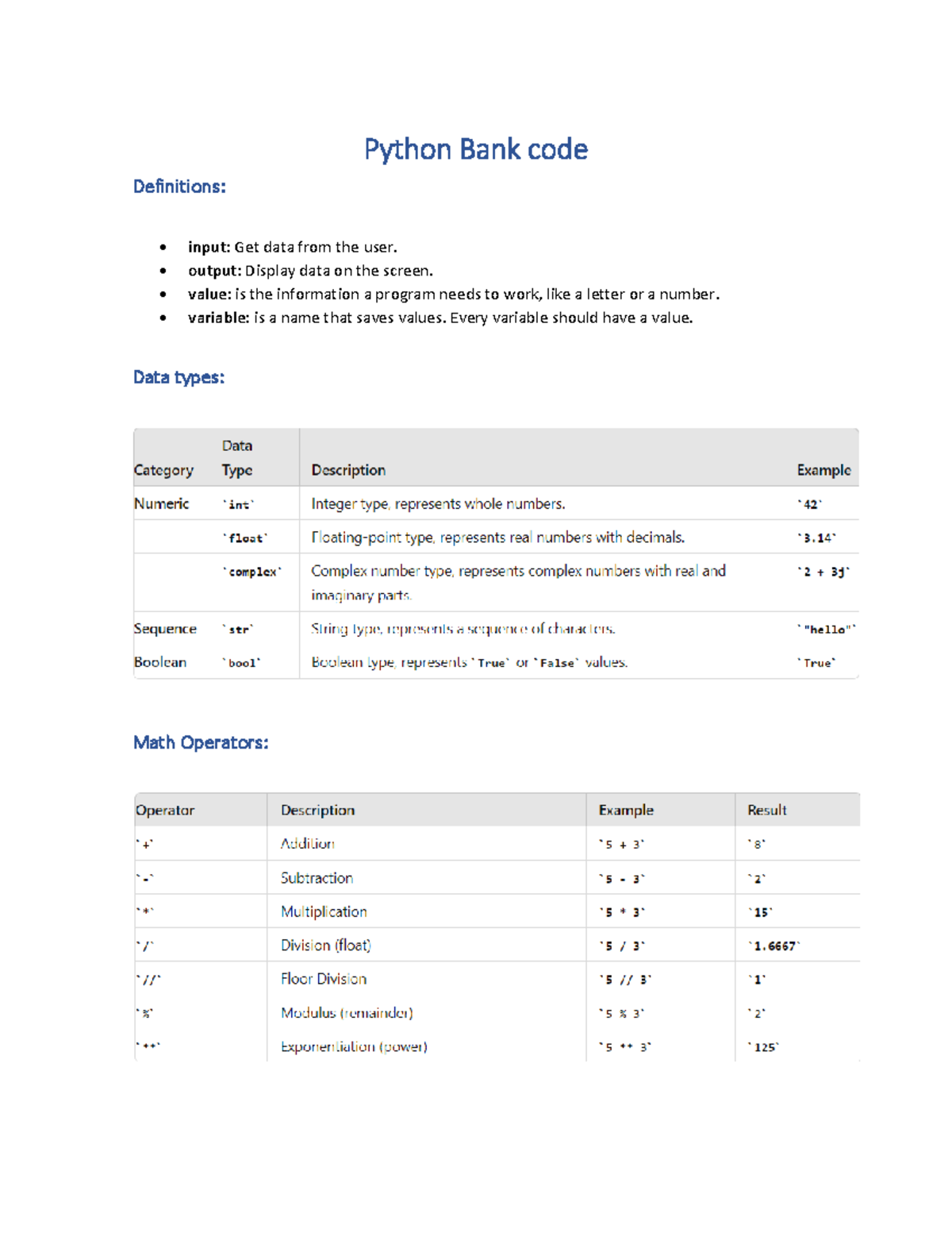 Python Bankcode-1 - ..... - Python Bank code Definitions: • input: Get ...