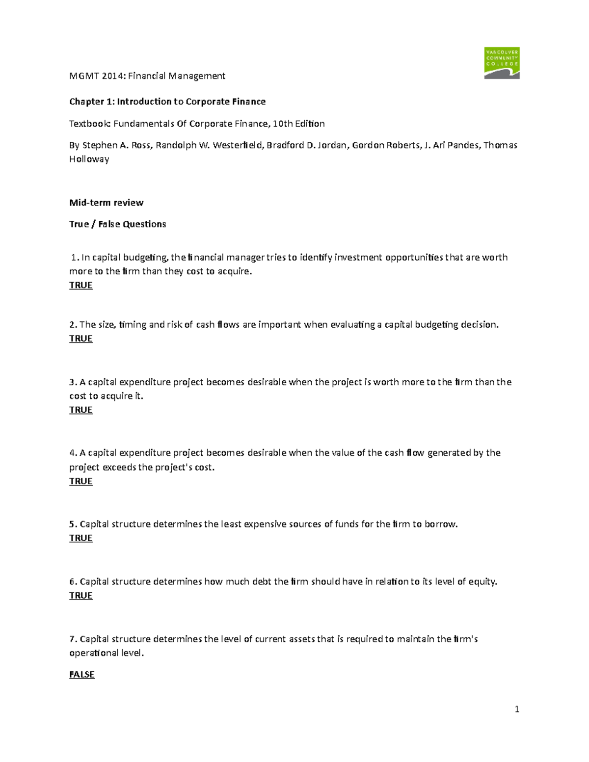 FIN - CH1 questions 1 - C1-q1 - Chapter 1: Introduction to Corporate ...
