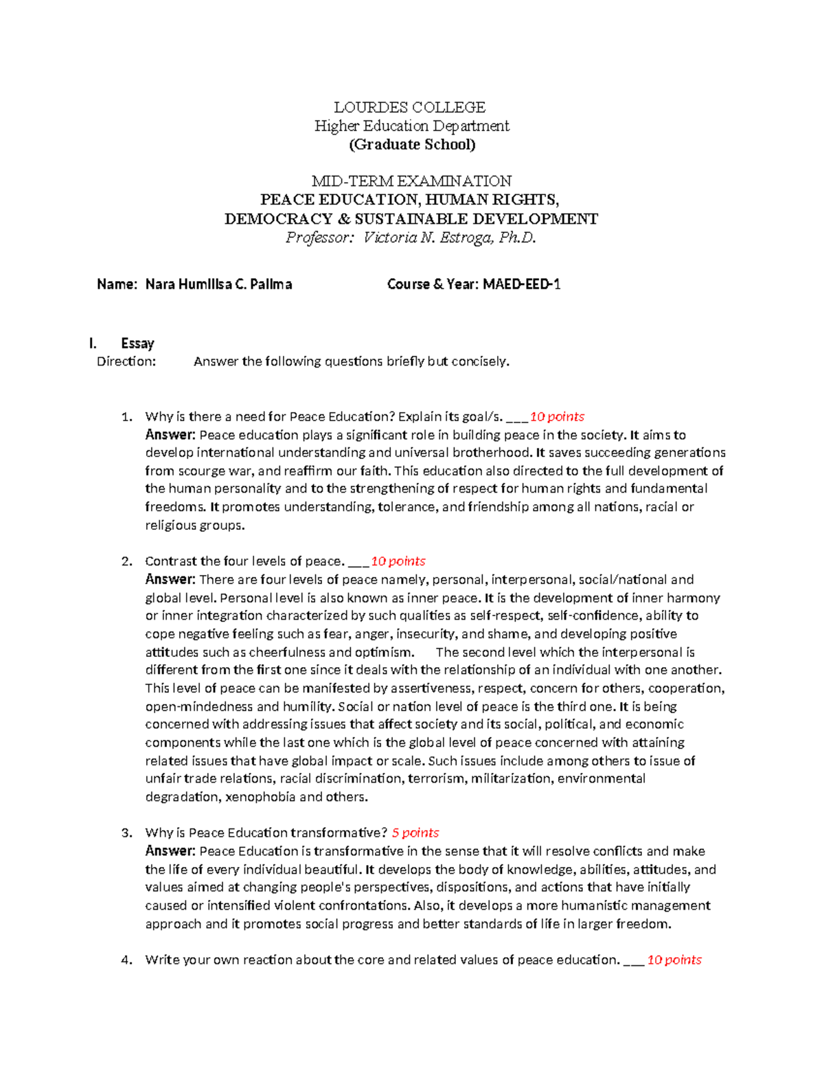 Midterm- Peace Ed - Elementary Education - LOURDES COLLEGE Higher ...