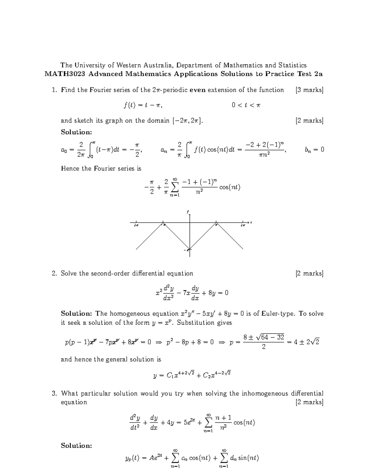 Math3023 Practice Test 2a Solutions - The University of Western ...